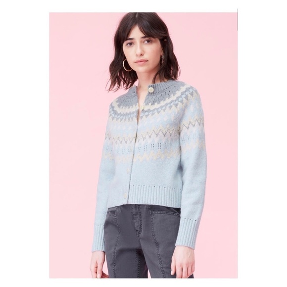 La Vie Rebecca Taylor Blue Fair Isle Wool Blend Cardigan Sweater NWT XL - Picture 7 of 15